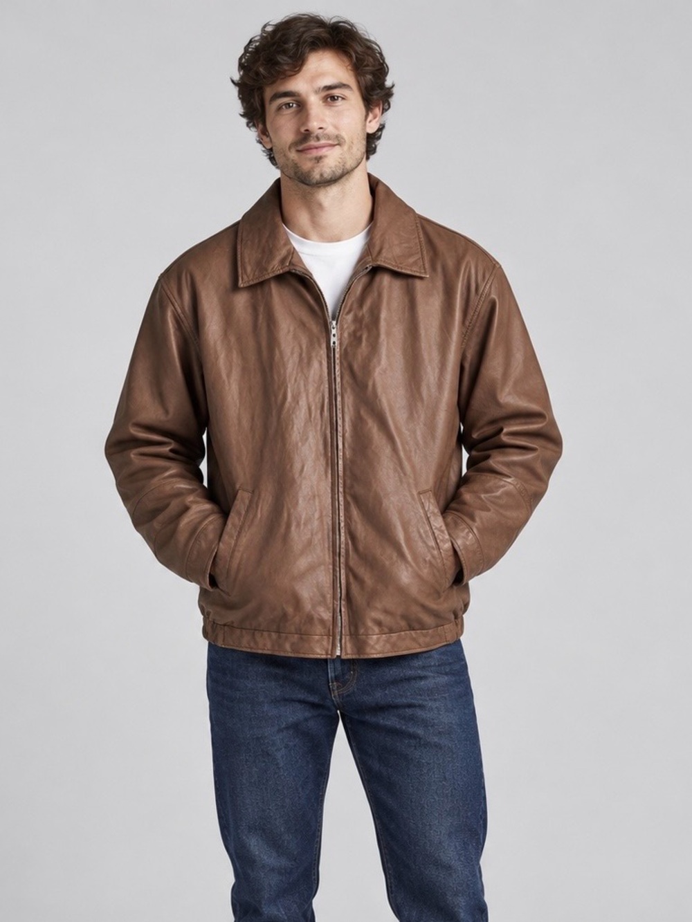 Men's Brown Leather Bomber Jacket - Classic Zip Front